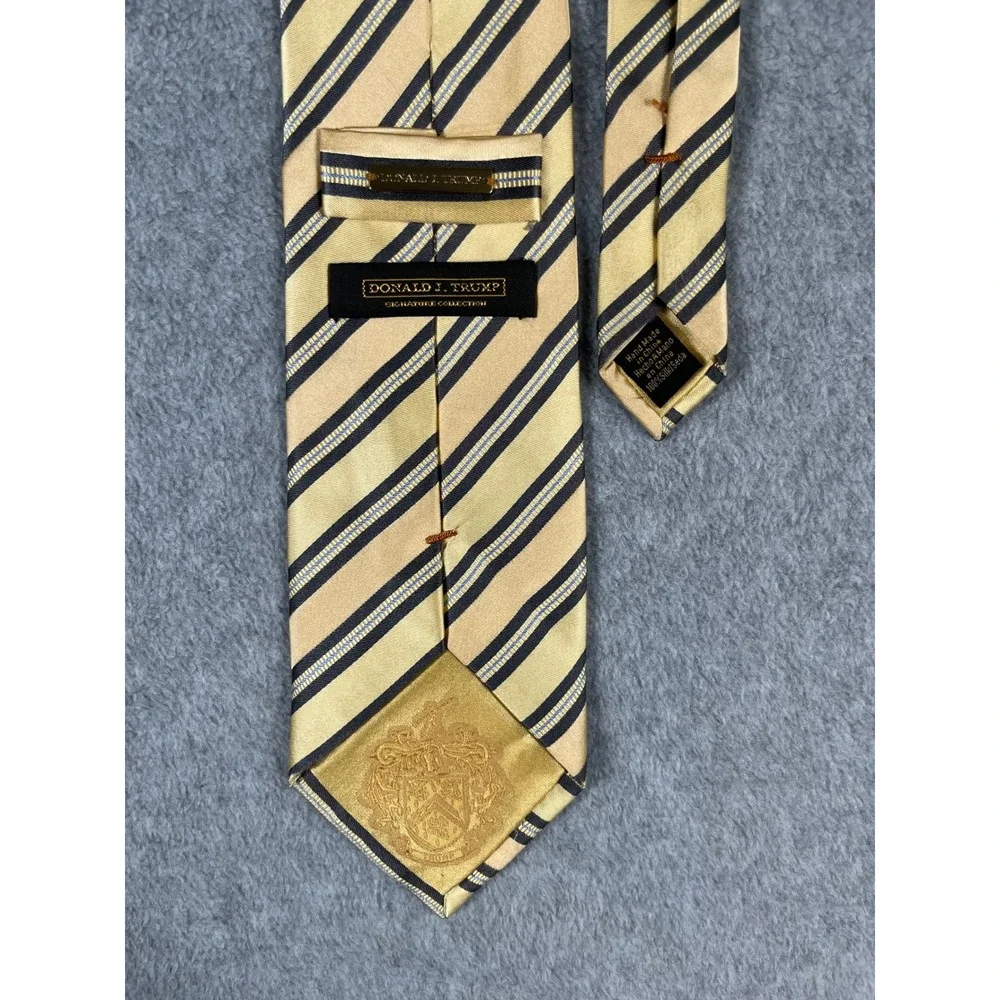 Donald J Trump Signature Silk Tie Gold Navy Blue Striped Crest Hand Made